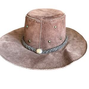 Leather Cowboy Hat Unisex Size M Men Women Vintage Brown Suede Retro Western